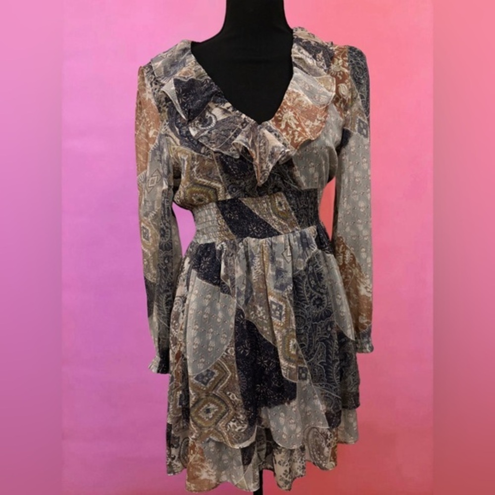 Zara Navy & Orange Paisley Ruffled V-Neck Mini Dress w/ Peasant Sleeves - Small